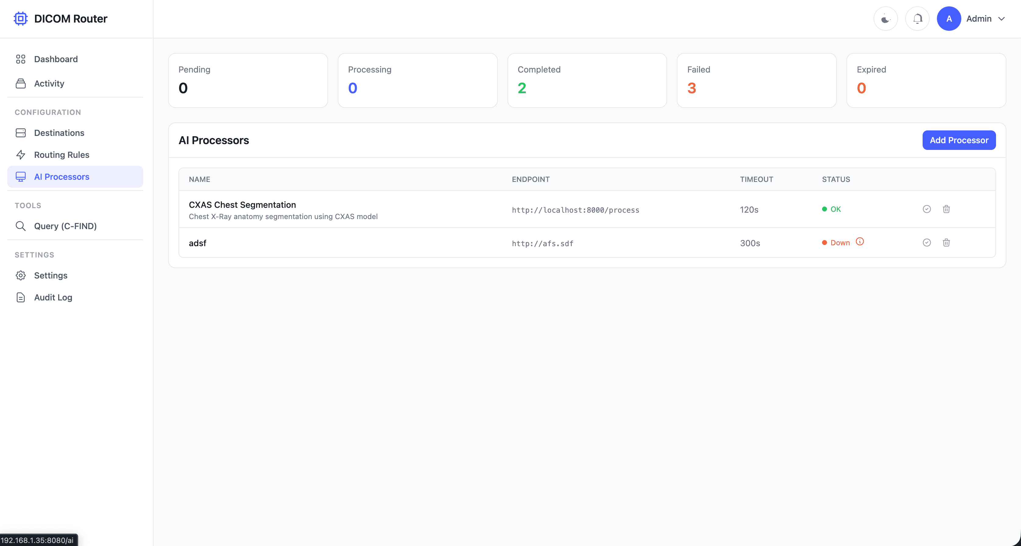 DICOM Router AI Processors - Manage AI containers with job queue monitoring and health checks