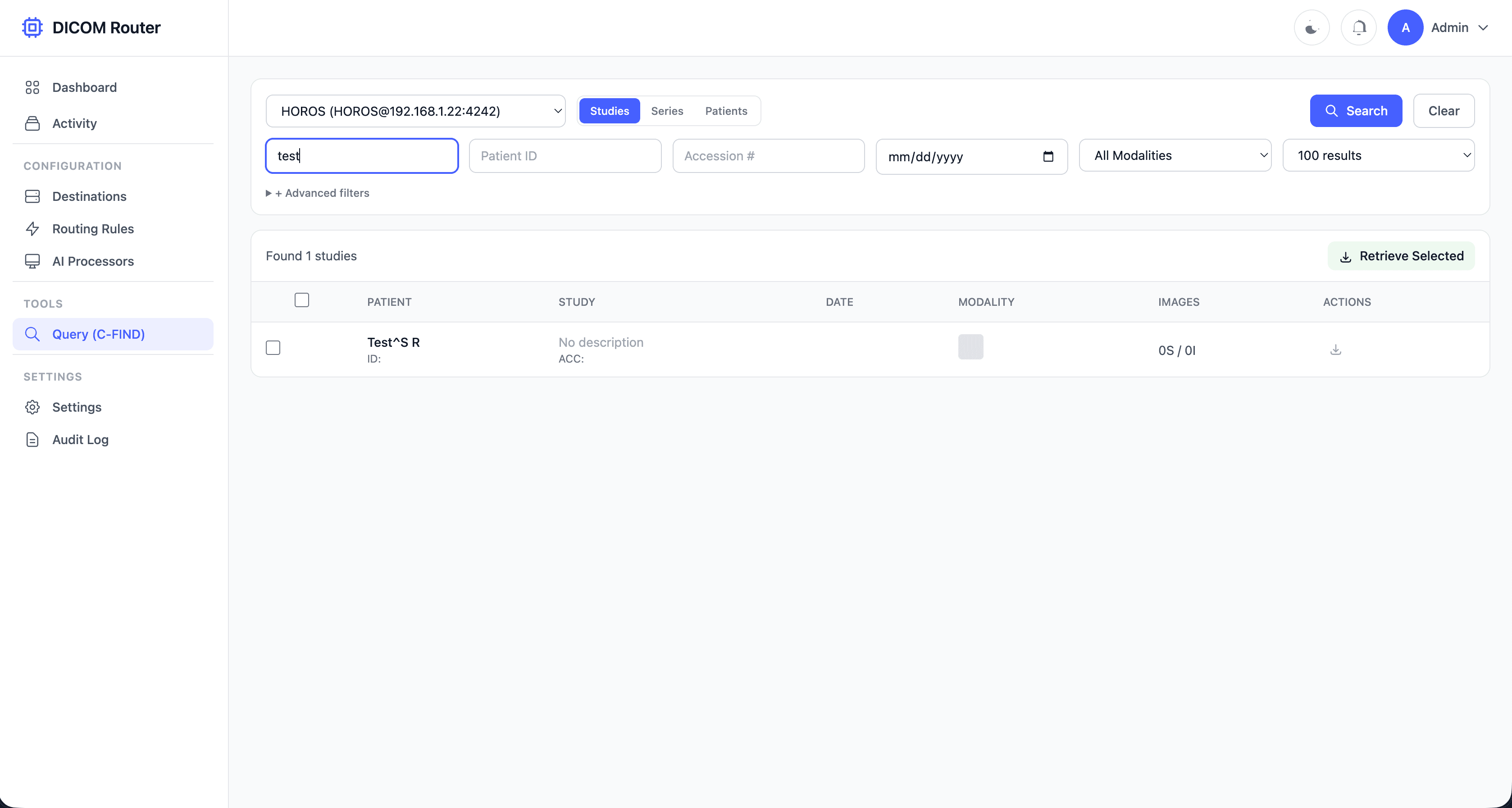 DICOM Router Query Retrieve - Search and retrieve studies from connected PACS using C-FIND and C-MOVE