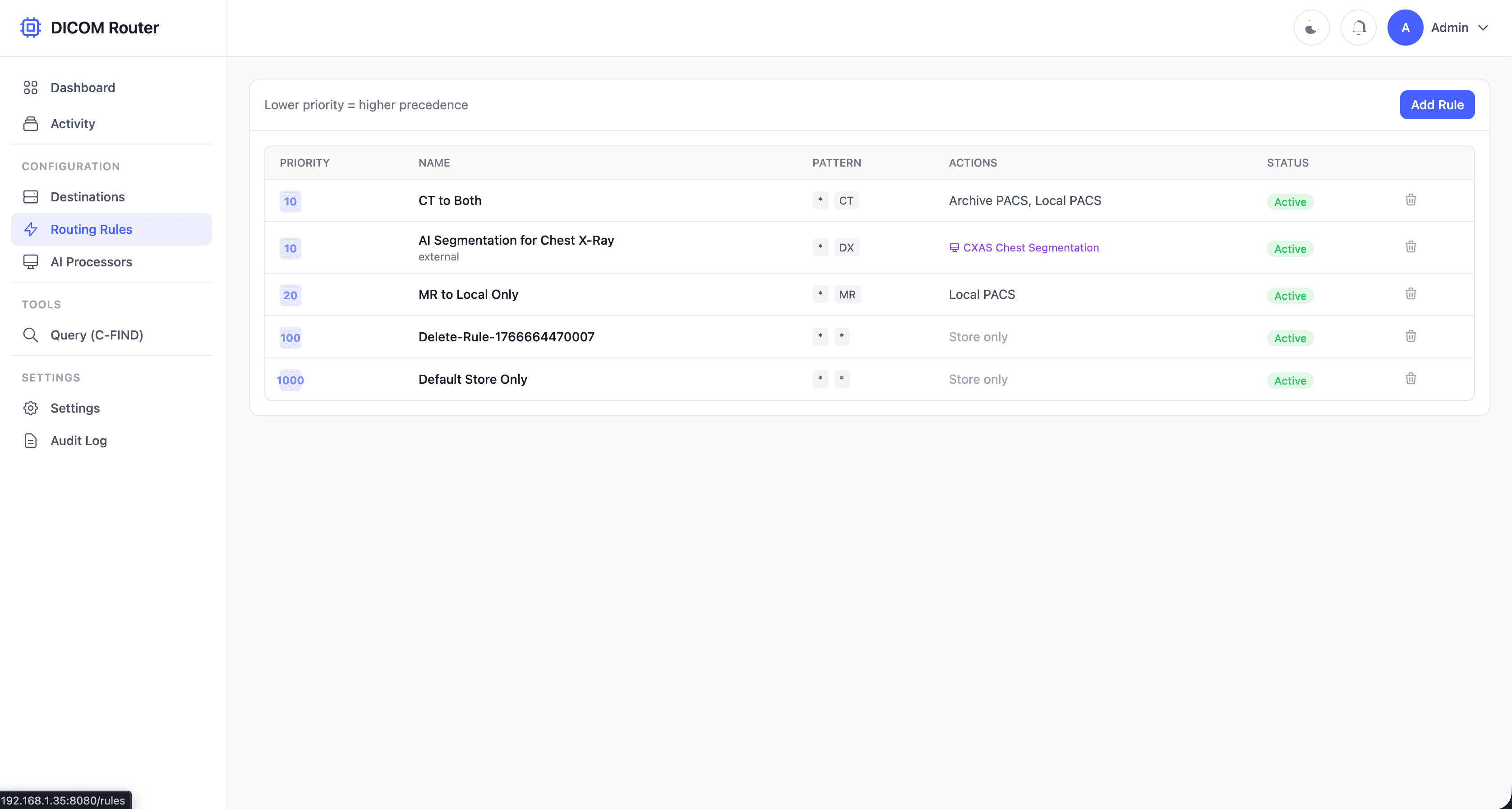 DICOM Router Routing Rules - Configure routing by AET, modality, and AI tags with priority-based matching